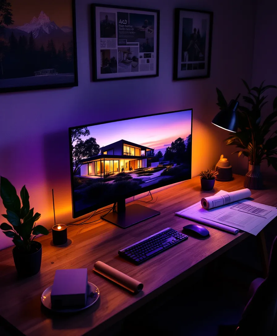 A visualization studio desk at dusk — a monitor showing a warm dusk render beside a study model and rolled drawings.